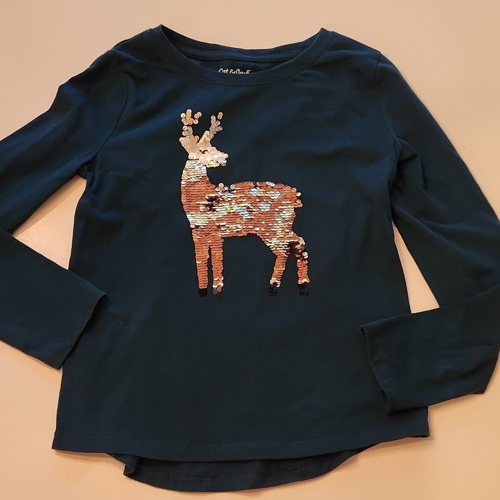 Cat & Jack Girls Long Sleeve Holiday Sequin Reindeer Shirt 7 8